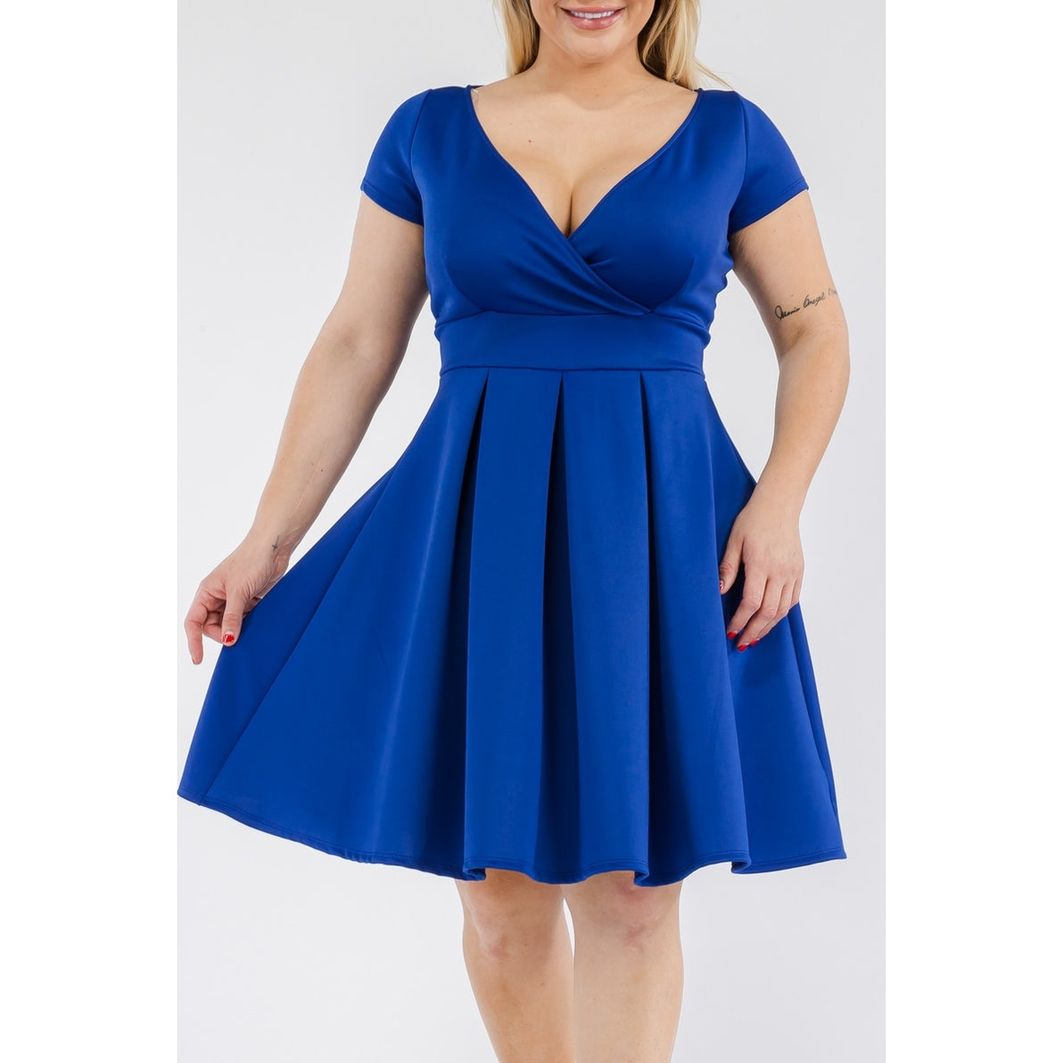 Blue V-Neck Pleated Dress