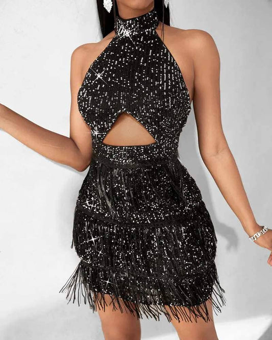 Black Sequin Tassel Party Dress