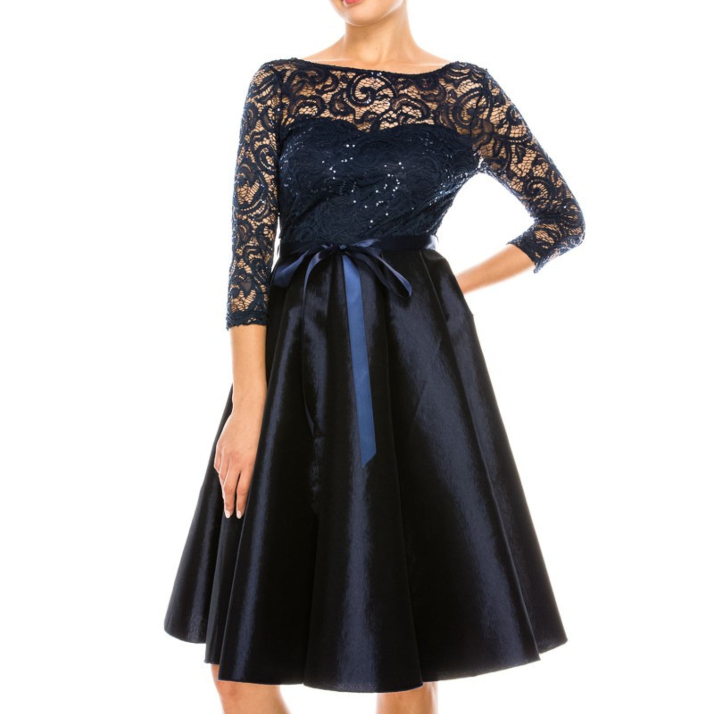 Long Sleeve Sequin Lace Fit and Flare Party Dress