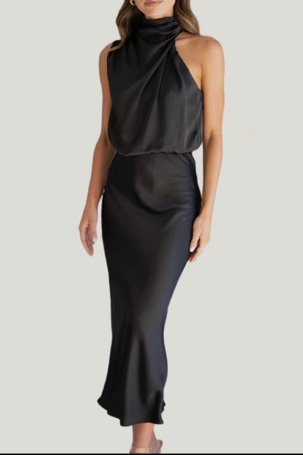 Absolutely Stunning One-Shoulder Halter Formal Midi Dress