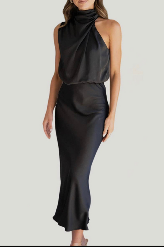 Absolutely Stunning One-Shoulder Halter Formal Midi Dress in Black