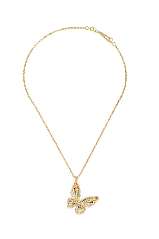 Gold Dipped Rhinestone Butterfly Pendant Necklace