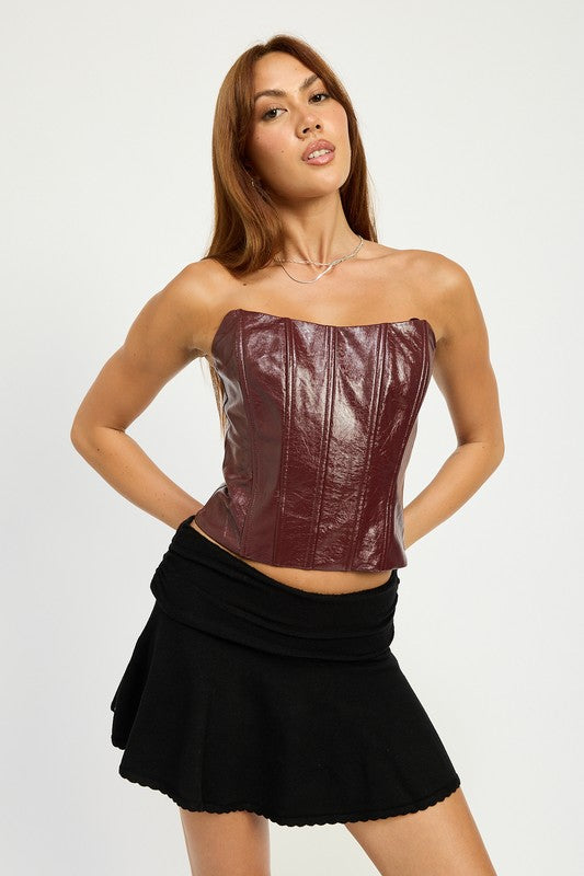 Faux Leather Corset Top With Back Zipper