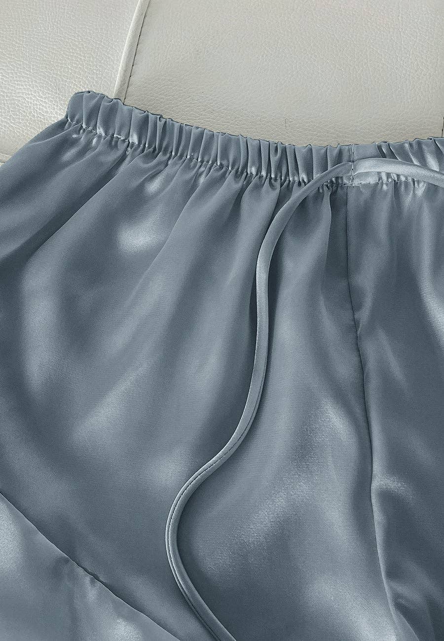 Satin Tank and Ruffle Hem Shorts: Blue-Gray