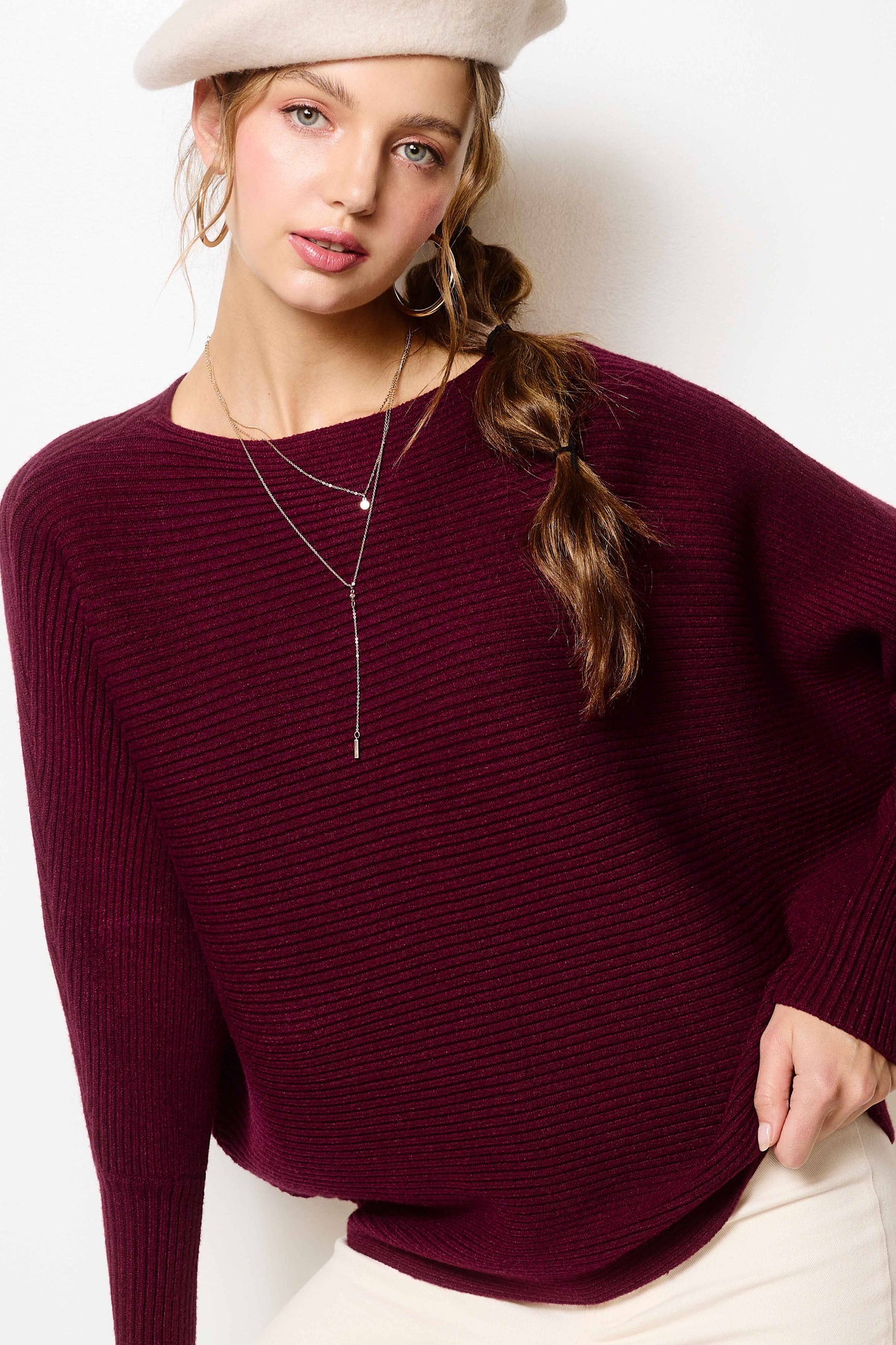 MCS3570-Slouchy Fit Fall Winter Bubble Sleeve Sweater: L / Black