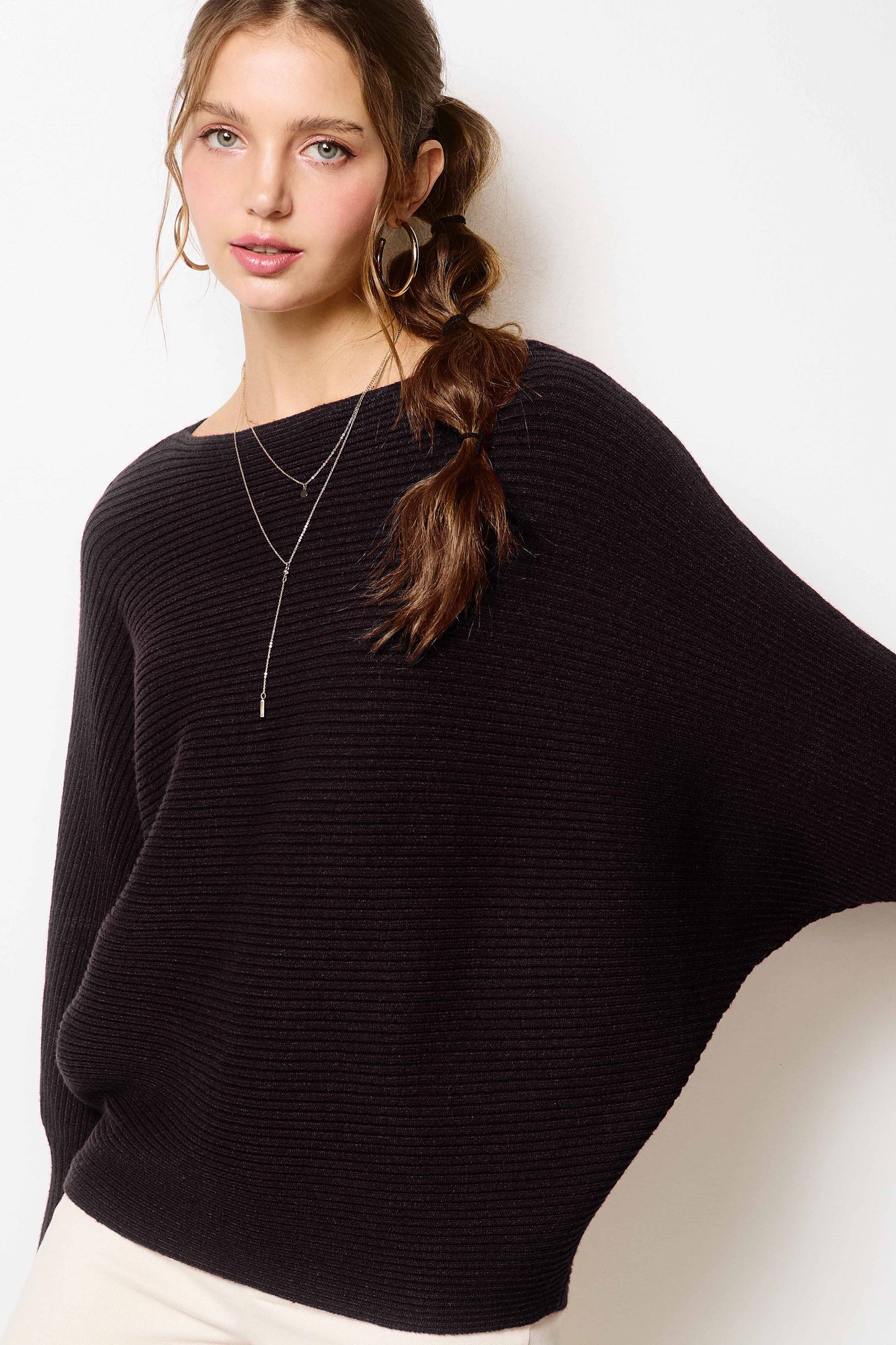 MCS3570-Slouchy Fit Fall Winter Bubble Sleeve Sweater: S / Black