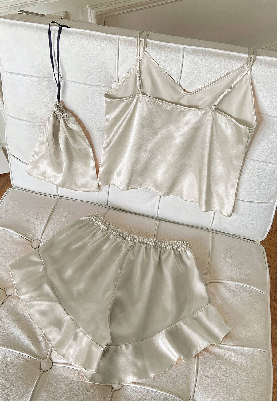 Satin Tank and Ruffle Hem Shorts: Ivory