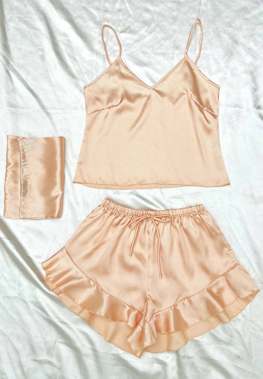 Satin Tank and Ruffle Hem Shorts: Light Beige