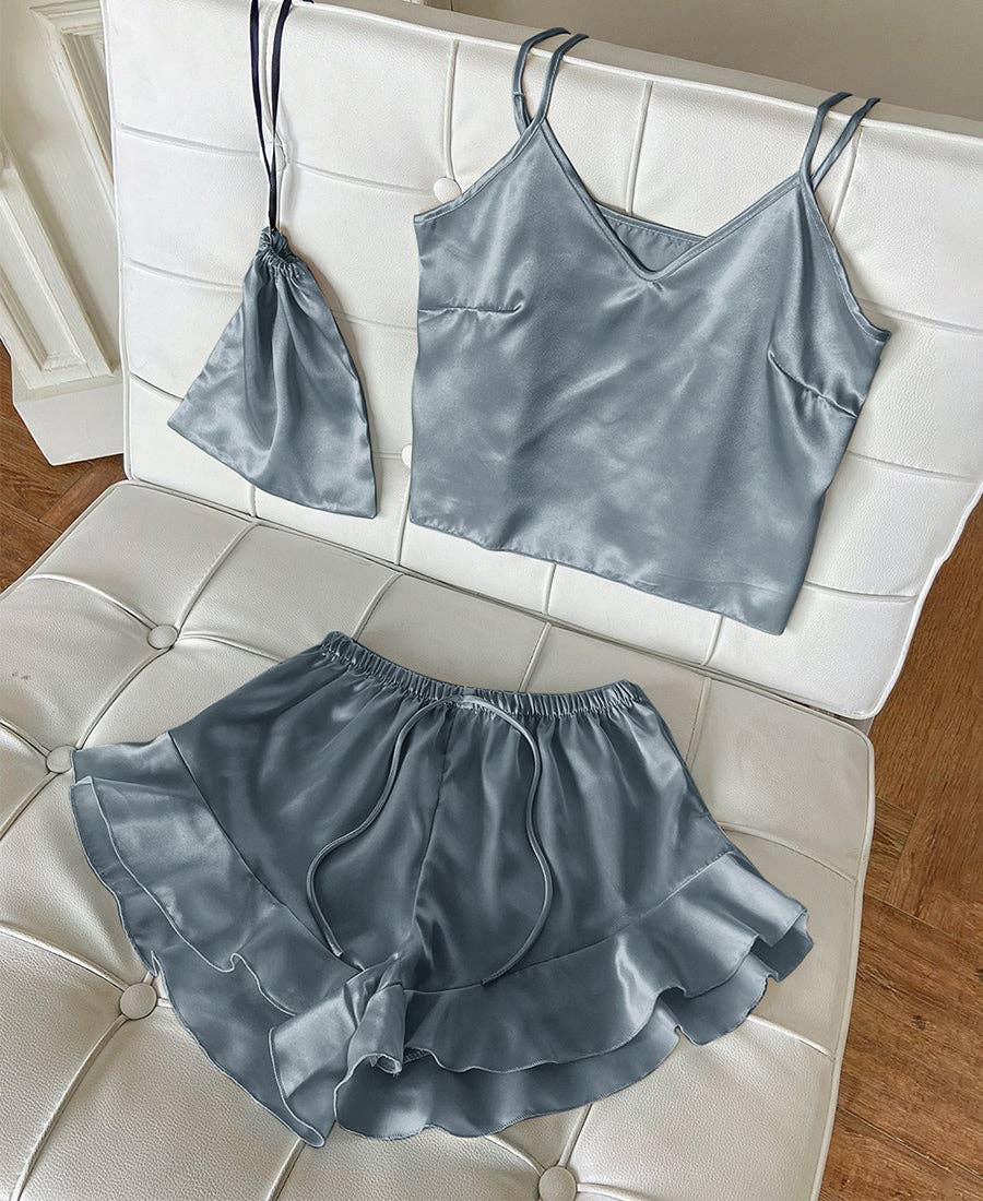 Satin Tank and Ruffle Hem Shorts: Blue-Gray