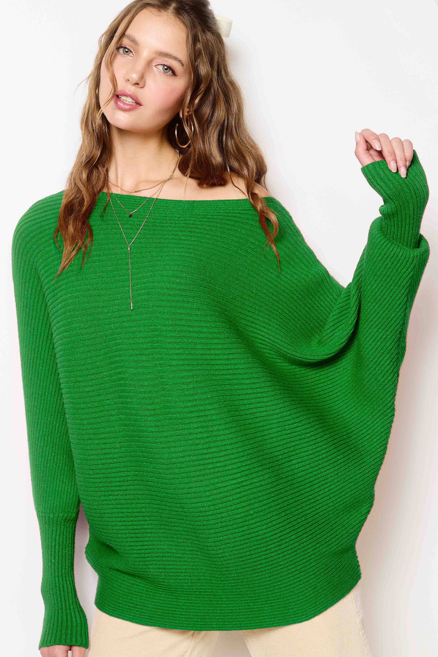 MCS3570-Slouchy Fit Fall Winter Bubble Sleeve Sweater: M / Fuchsia