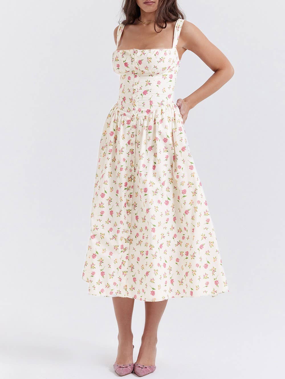 Wide Slip Corset Floral Swing Midi Sun Dress