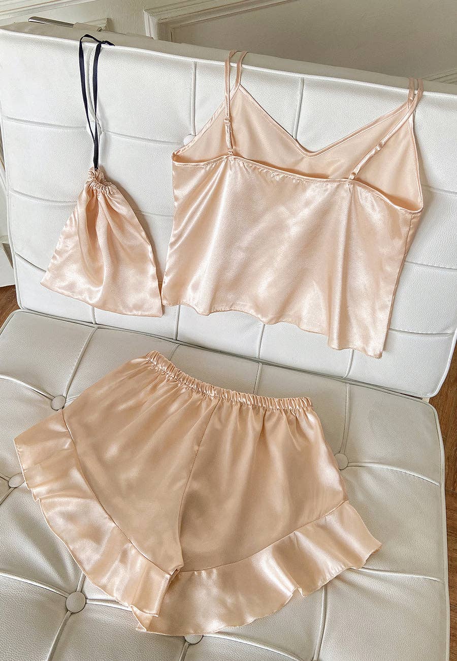 Satin Tank and Ruffle Hem Shorts: Light Beige