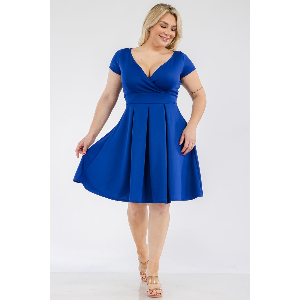 Blue V-Neck Pleated Dress