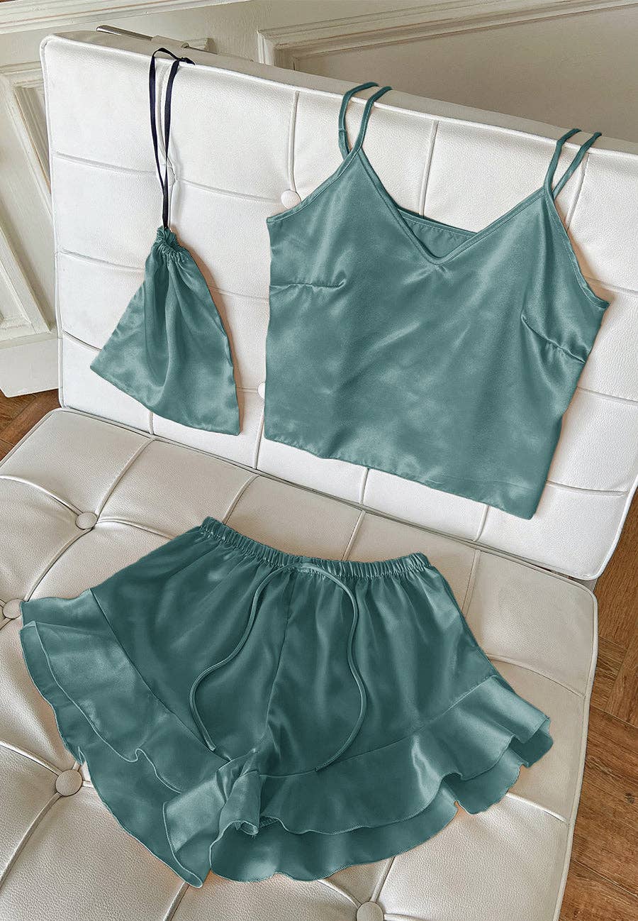 Satin Tank and Ruffle Hem Shorts: Teal