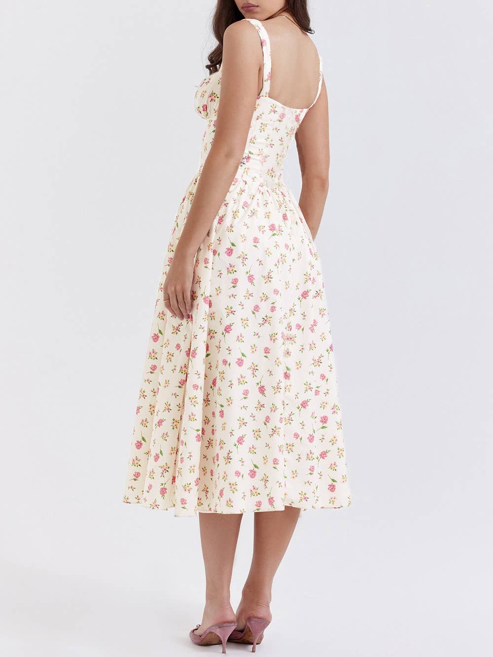 Wide Slip Corset Floral Swing Midi Sun Dress