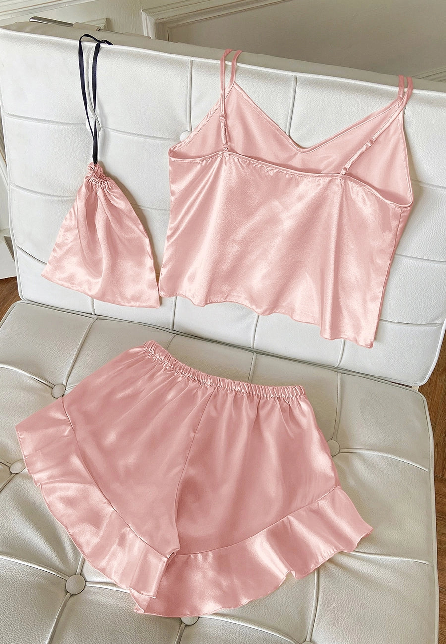 Satin Tank and Ruffle Hem Shorts: Pink