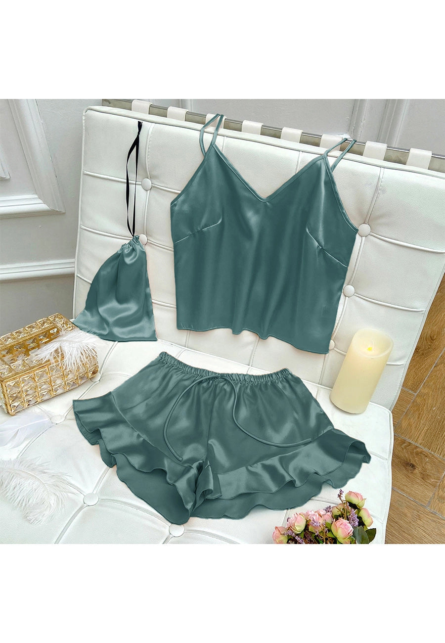 Satin Tank and Ruffle Hem Shorts: Teal