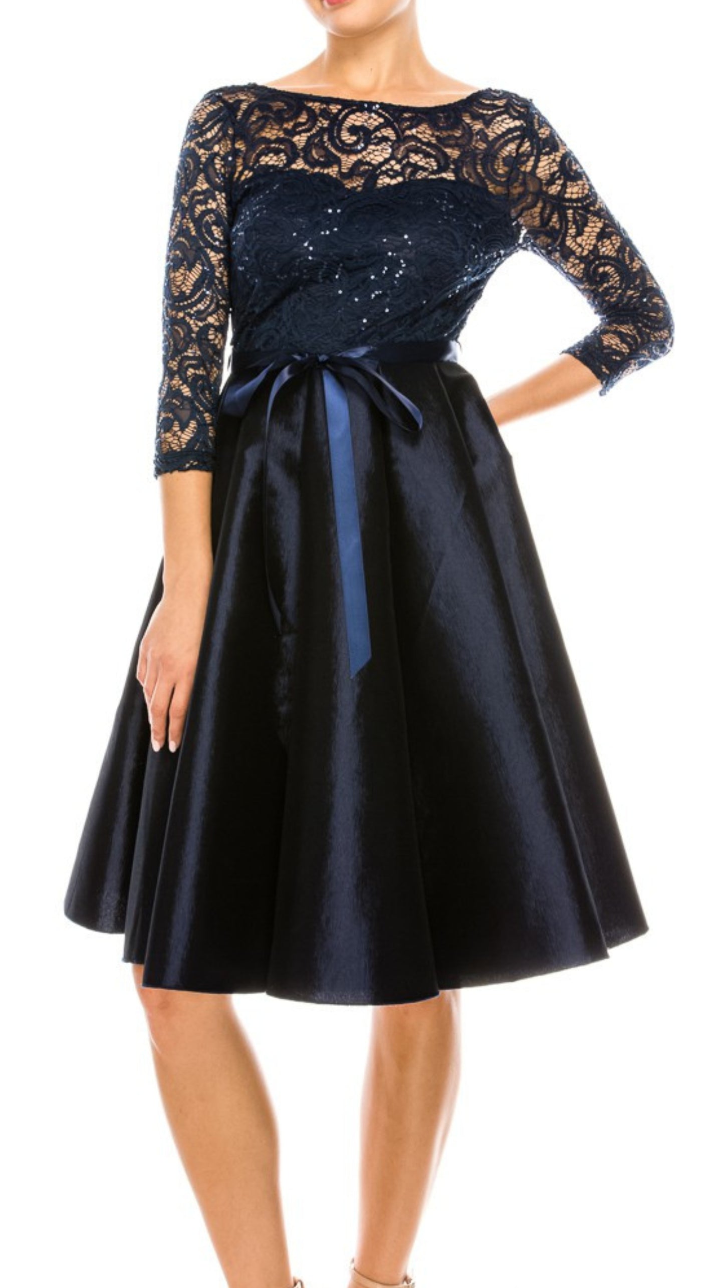 Long Sleeve Sequin Lace Fit and Flare Party Dress