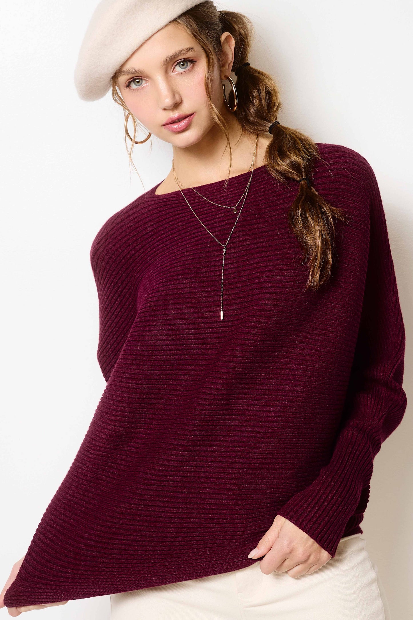 MCS3570-Slouchy Fit Fall Winter Bubble Sleeve Sweater: S / Black