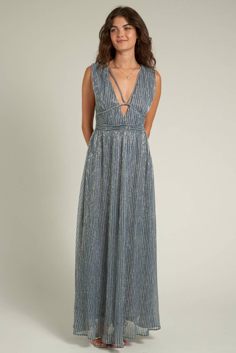 Strappy V-Neck Shimmery Maxi Dress