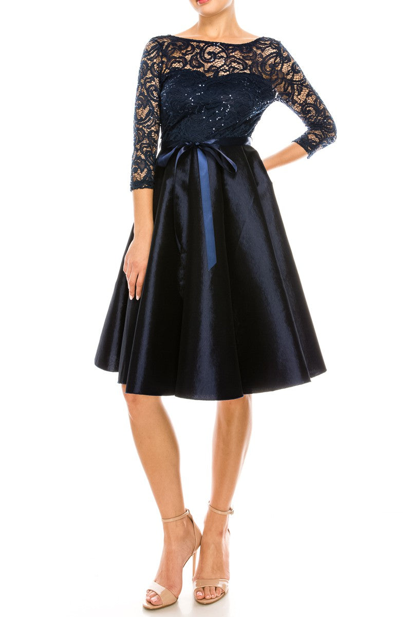 Long Sleeve Sequin Lace Fit and Flare Party Dress