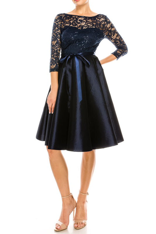 Long Sleeve Sequin Lace Fit and Flare Party Dress