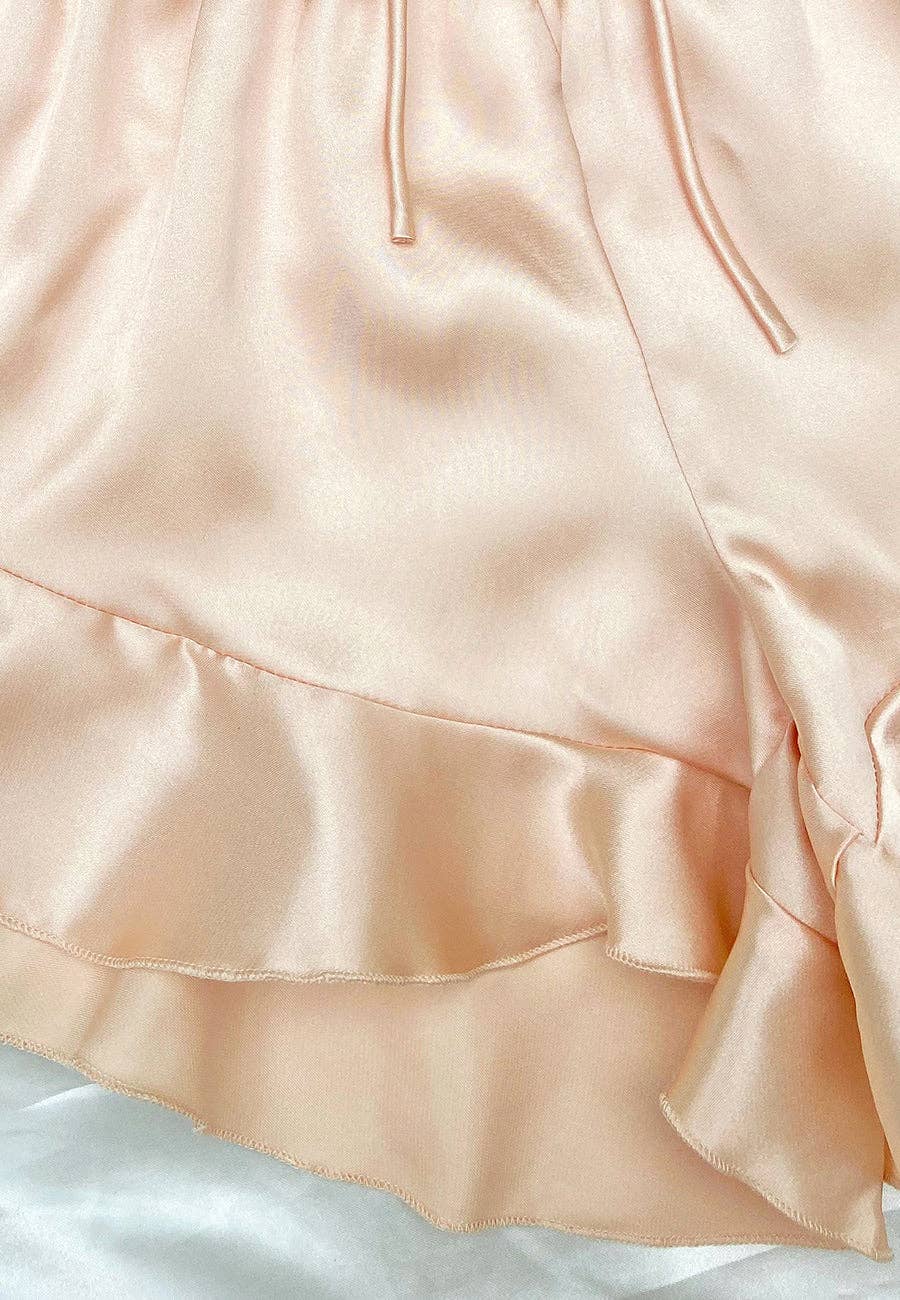 Satin Tank and Ruffle Hem Shorts: Light Beige