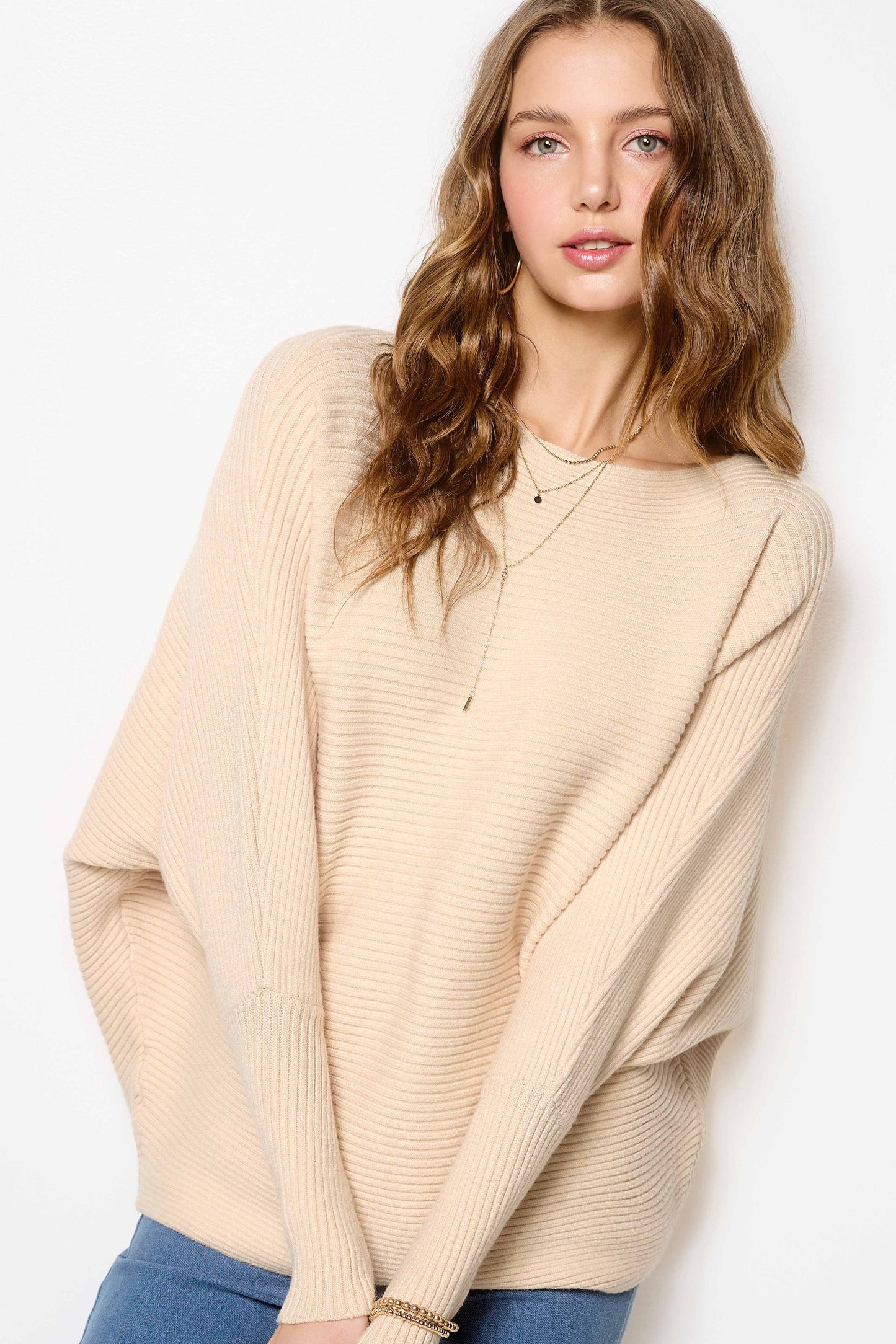 MCS3570-Slouchy Fit Fall Winter Bubble Sleeve Sweater: L / Black