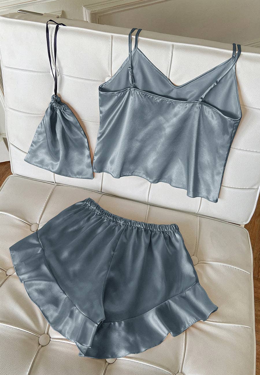 Satin Tank and Ruffle Hem Shorts: Gray