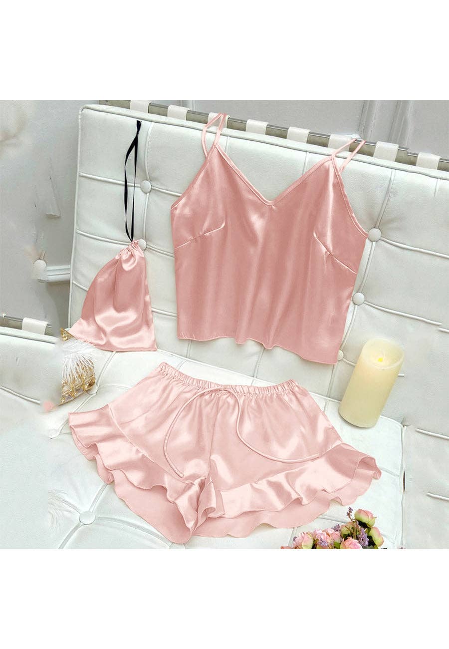 Satin Tank and Ruffle Hem Shorts: Pink