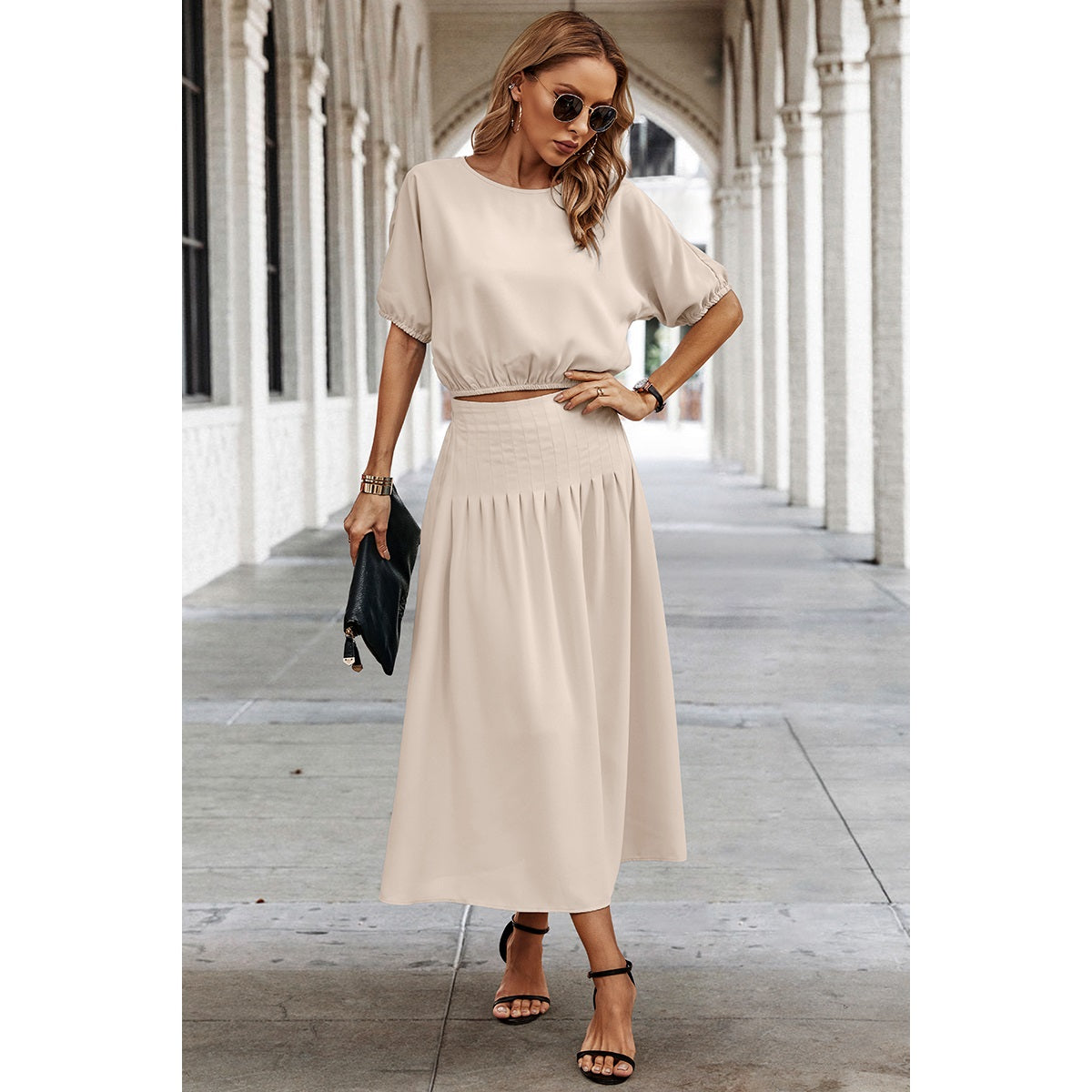 Beige Pleated and Lined Skirt